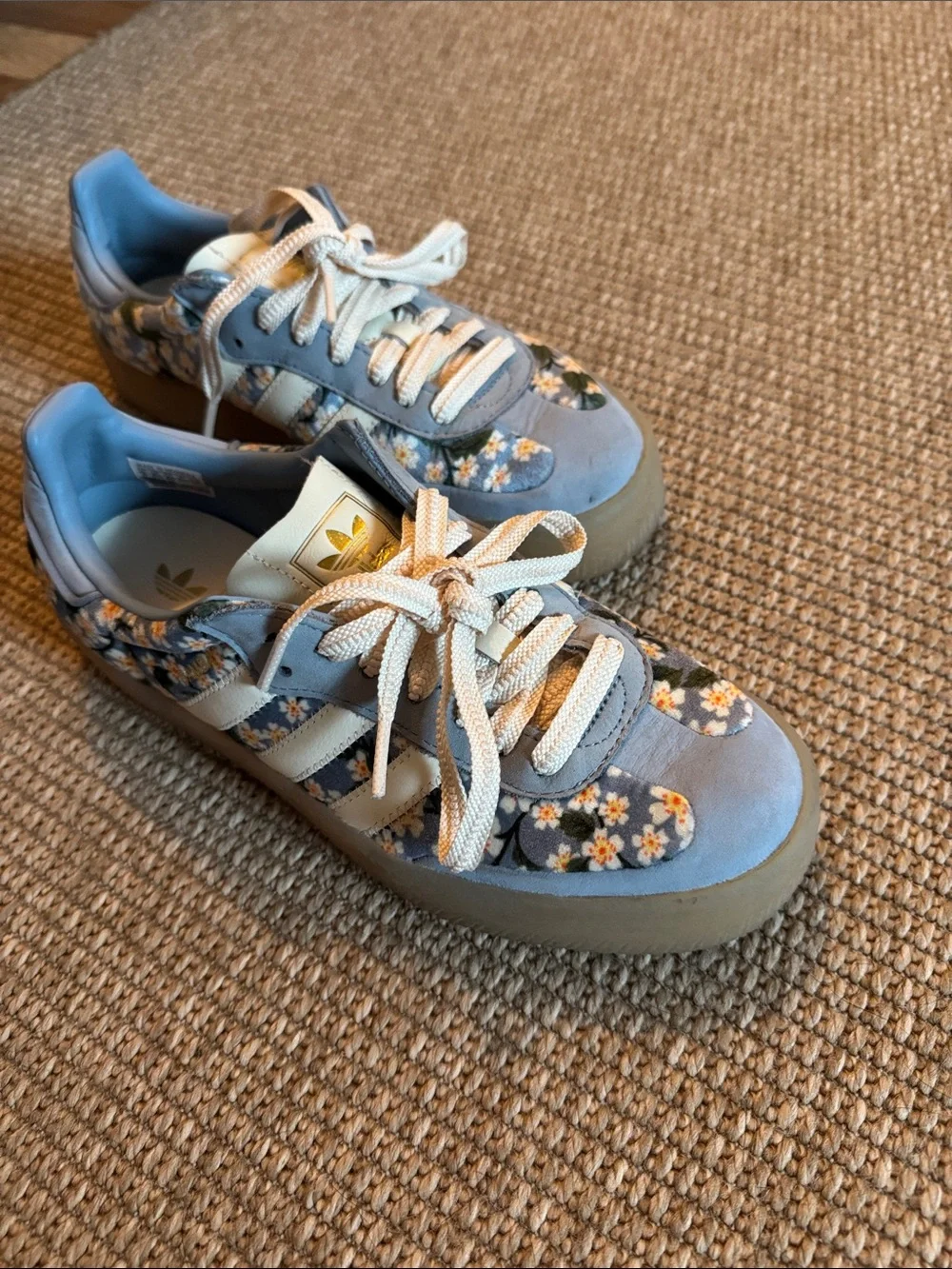 adidas x Liberty London Baby Blue and Cream Floral Velour and Suede Sambaes - Picture 1 of 9